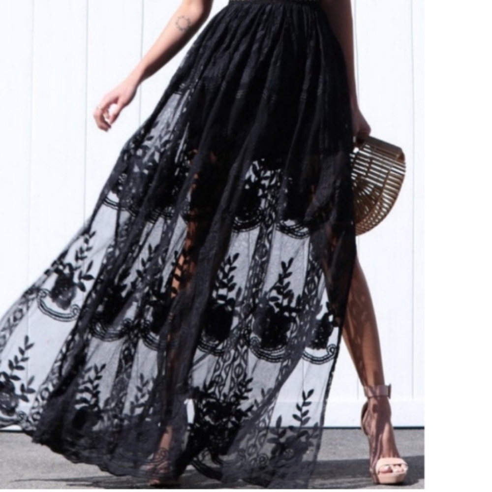 Lace Plunging V Neck Sheer Beautiful Maxi Dress Black Small - Picture 3 of 15